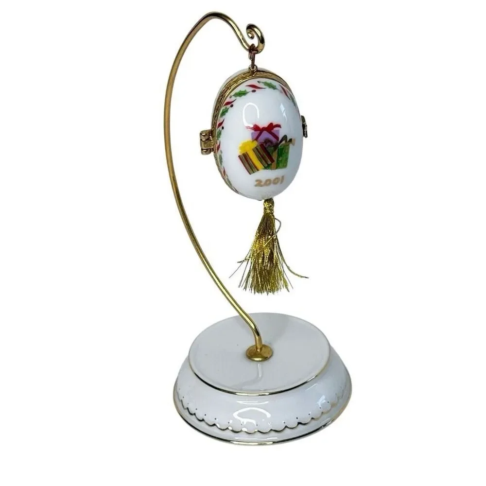 Vintage PHB Porcelain Christmas Egg Trinket Box 2001 Hinged Ornament with Stand